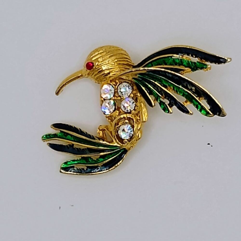 Vtg Hummingbird Brooch w Rhinestone Accents
